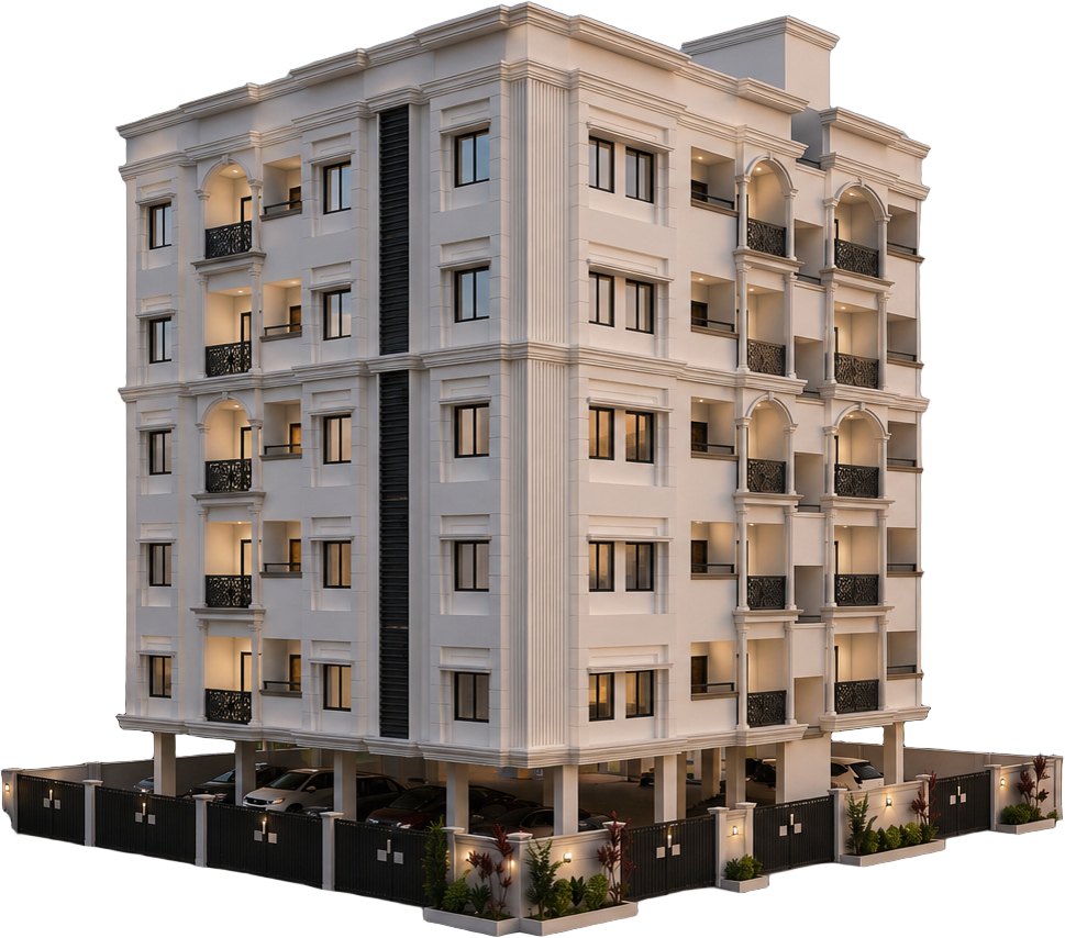 Mohammed Ali Fort seen from the street corner, a five-storey white apartment building with arched balconies and a dark stair core