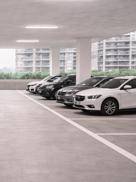 Cars parked in a covered stilt-floor car park with painted bays and open sides
